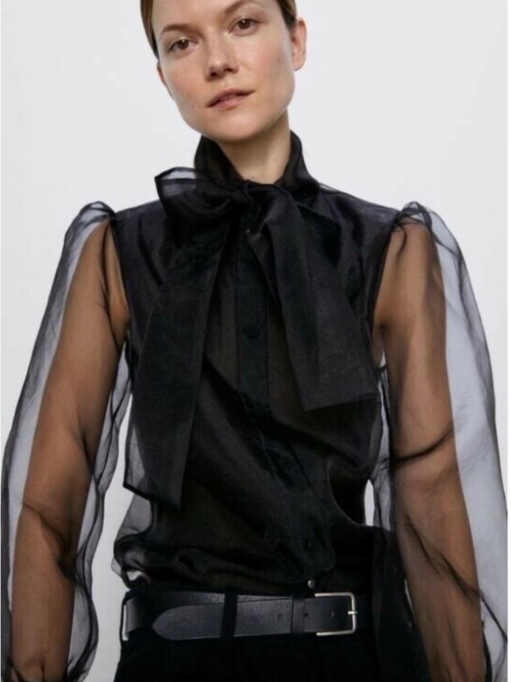 Zara Sheer Black Bow-Tie Blouse - Women's Elegant Top
